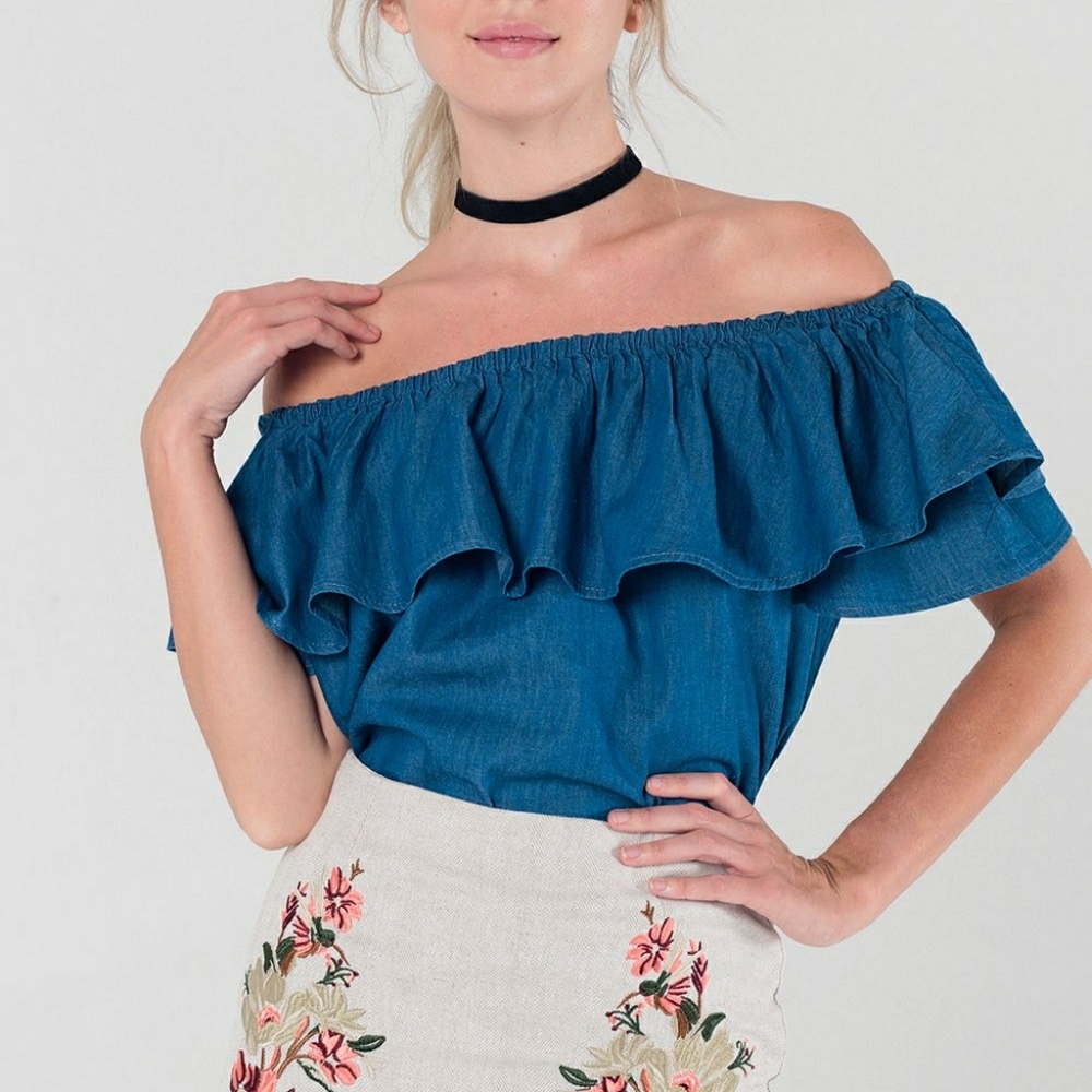 💖Dark Denim Off the Shoulder Tops🌸Best in Tops - Picture 1 of 5